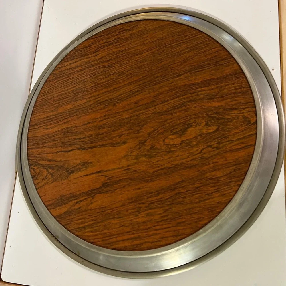 Vintage Kirk Stieff Pewter Wood Grain‎ Tray 14 in formica laminate cocktail MCM